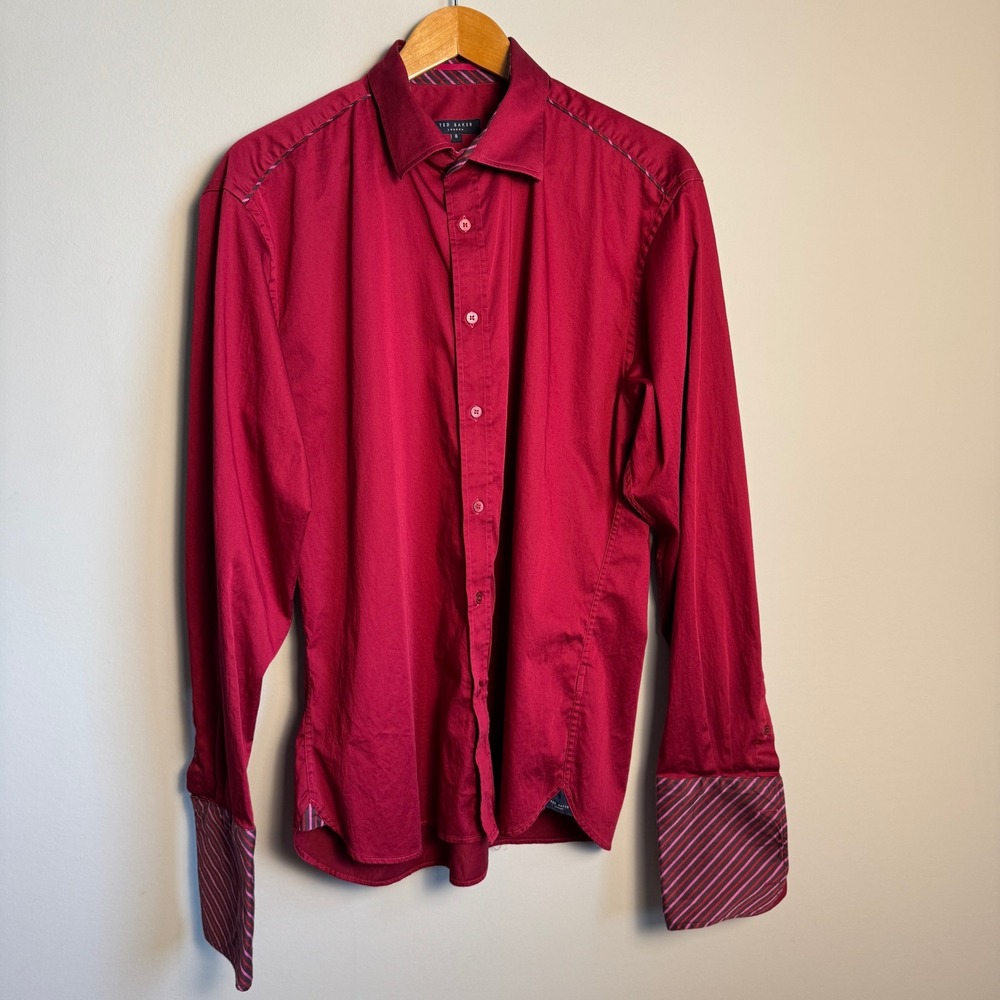 Ted Baker London Mens Dress‎ Shirt Red XXL Striped Accent Cotton French Cuffs